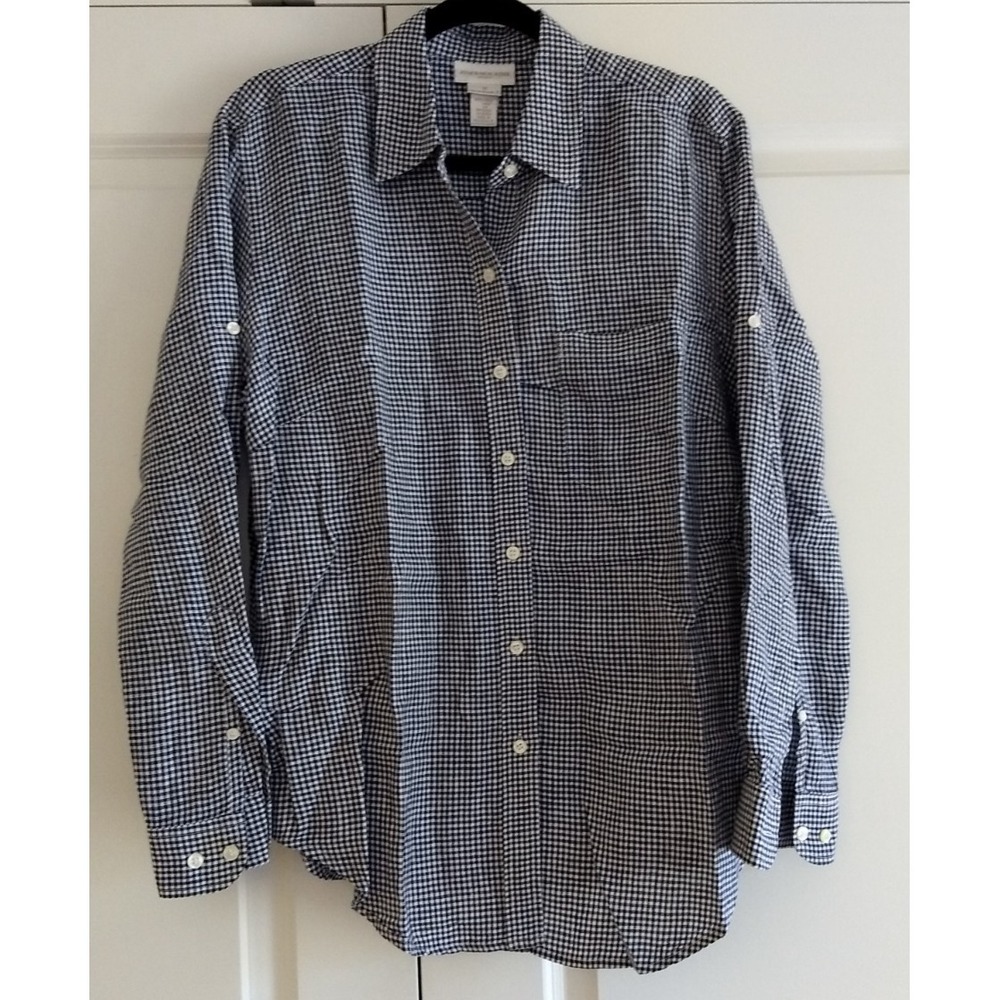 Jones New York Sport Shirt‎ 1X Womens 16W 100% Linen Gingham Plaid Button Up L/S